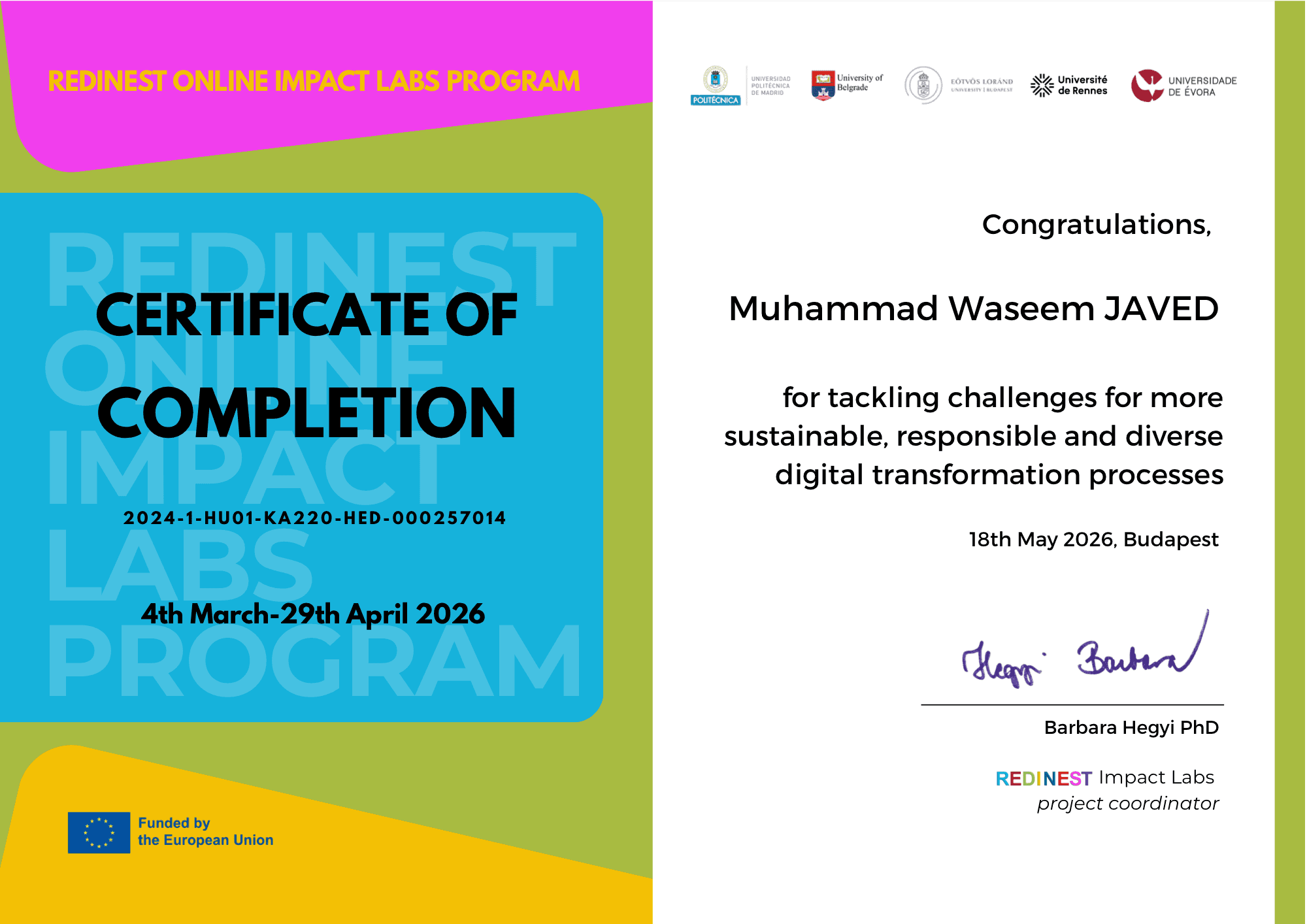 REDINEST Online Impact Labs Program certificate of completion for Muhammad Waseem Javed